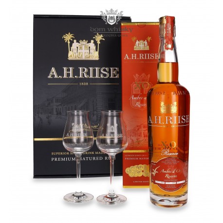 Coffret Cadeau Rhum AH Riise Ambre d'OR Rhum Vieux XO Traditionnel 70 cl  +2 Verres